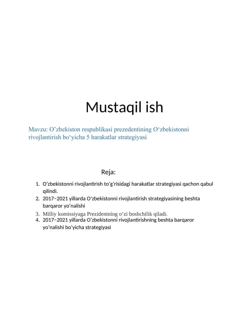 O’zbekiston respublikasi prezedentining O‘zbekistonni rivojlantirish bo‘yicha 5 harakatlar strategiyasi 1