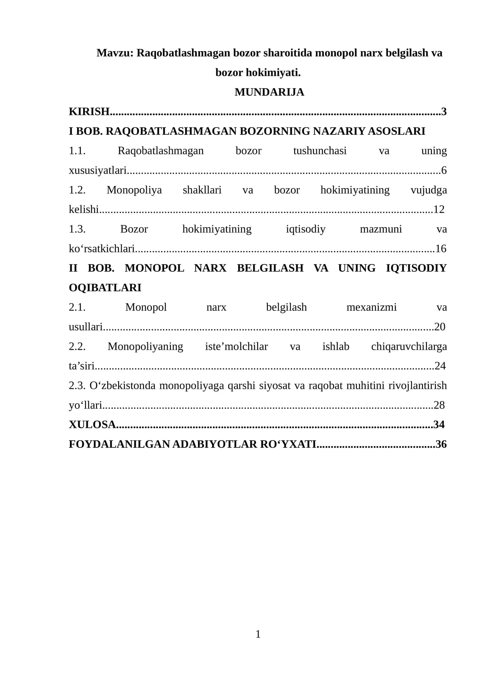 Raqobatlashmagan bozor sharoitida monopol narx belgilash va bozor hokimiyati 1