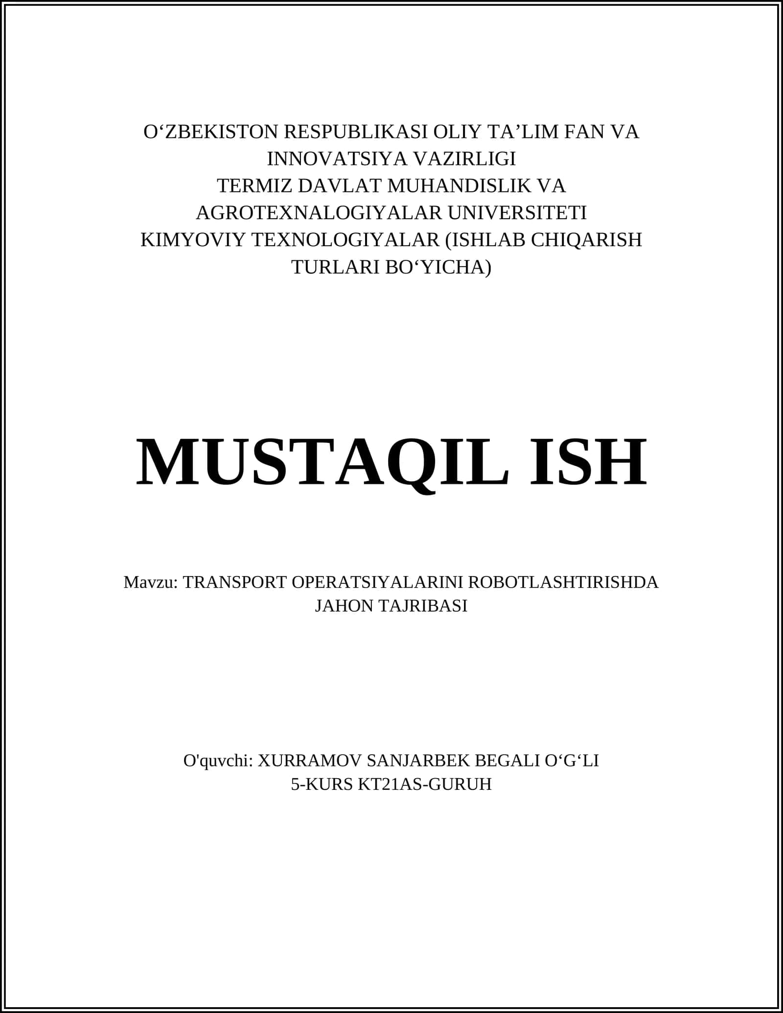 TRANSPORT OPERATSIYALARINI ROBOTLASHTIRISHDA JAHON TAJRIBASI 1