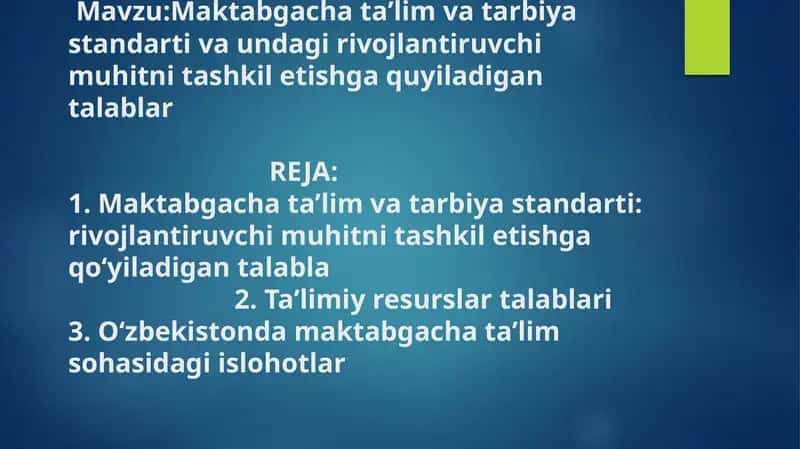 Maktabgacha taʼlim va tarbiya standarti va undagi rivojlantiruvchi muhitni tashkil etishga quyiladigan talablar 1