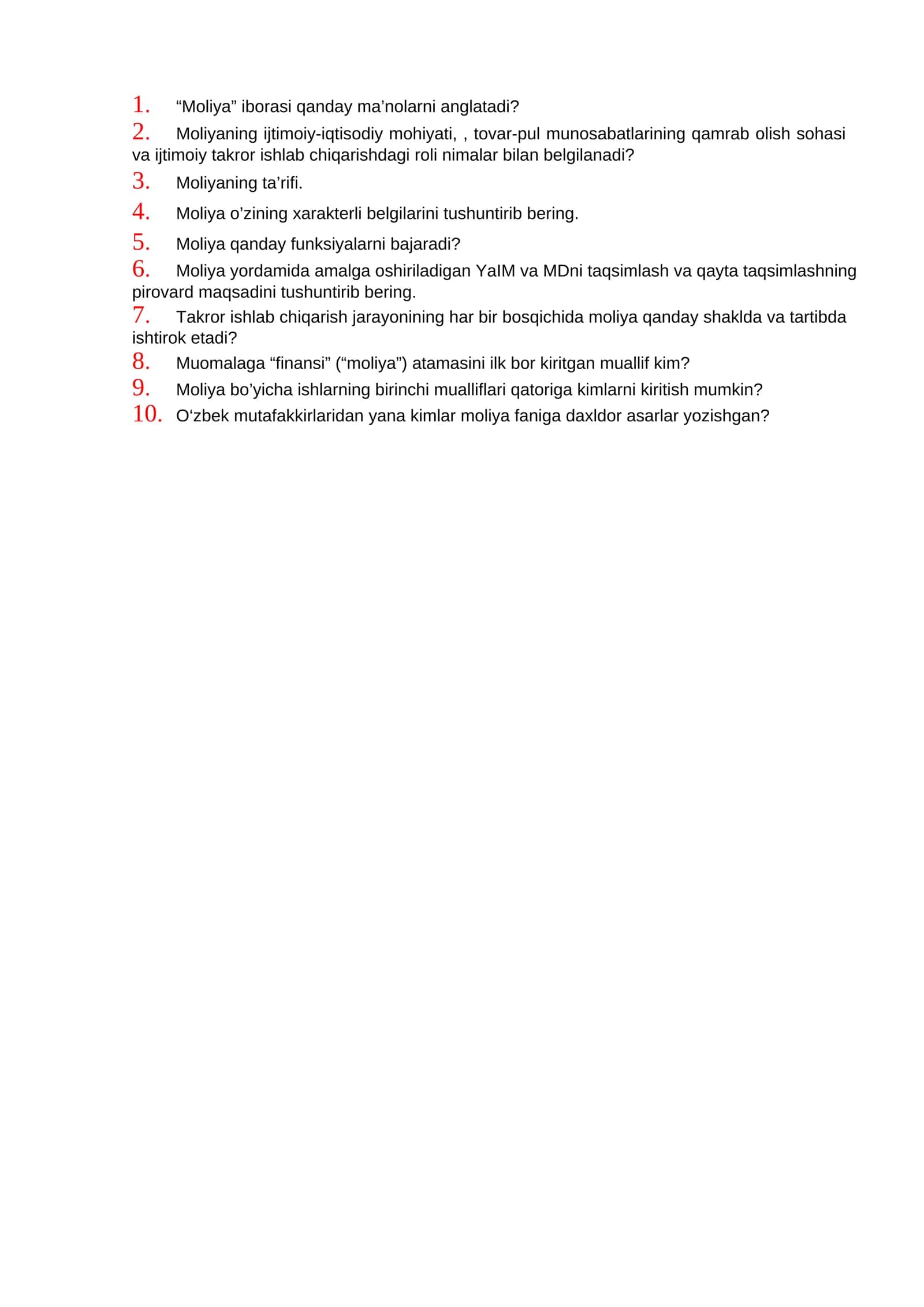 Moliya fanidan test savollari 1