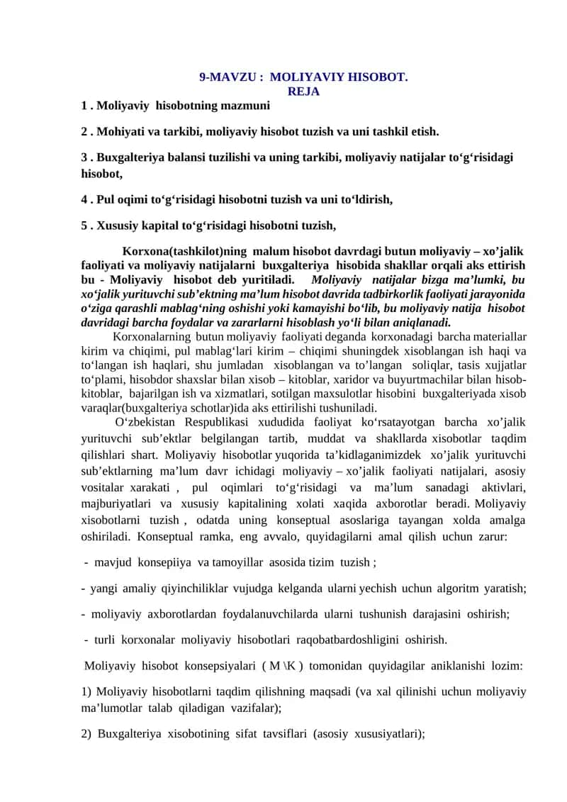 9-Mavzu: Moliyaviy hisobot. 1