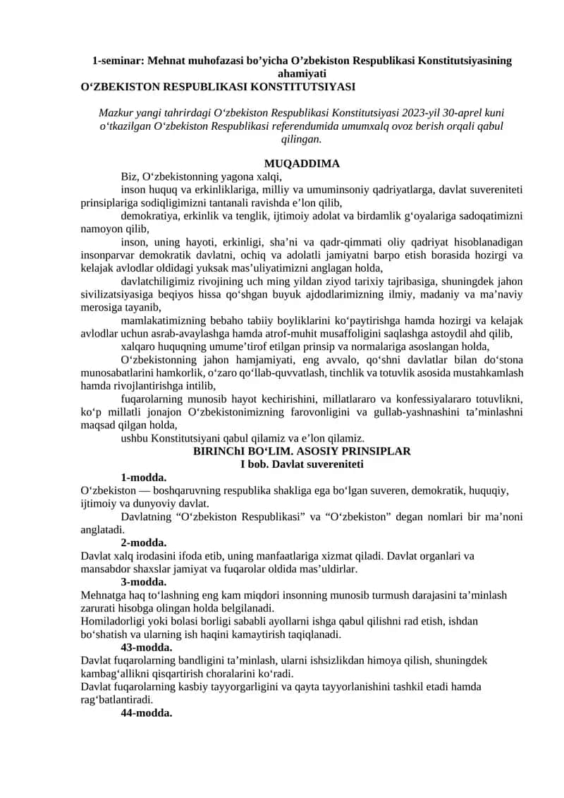 O‘ZBEKISTON RESPUBLIKASI KONSTITUTSIYASI 1