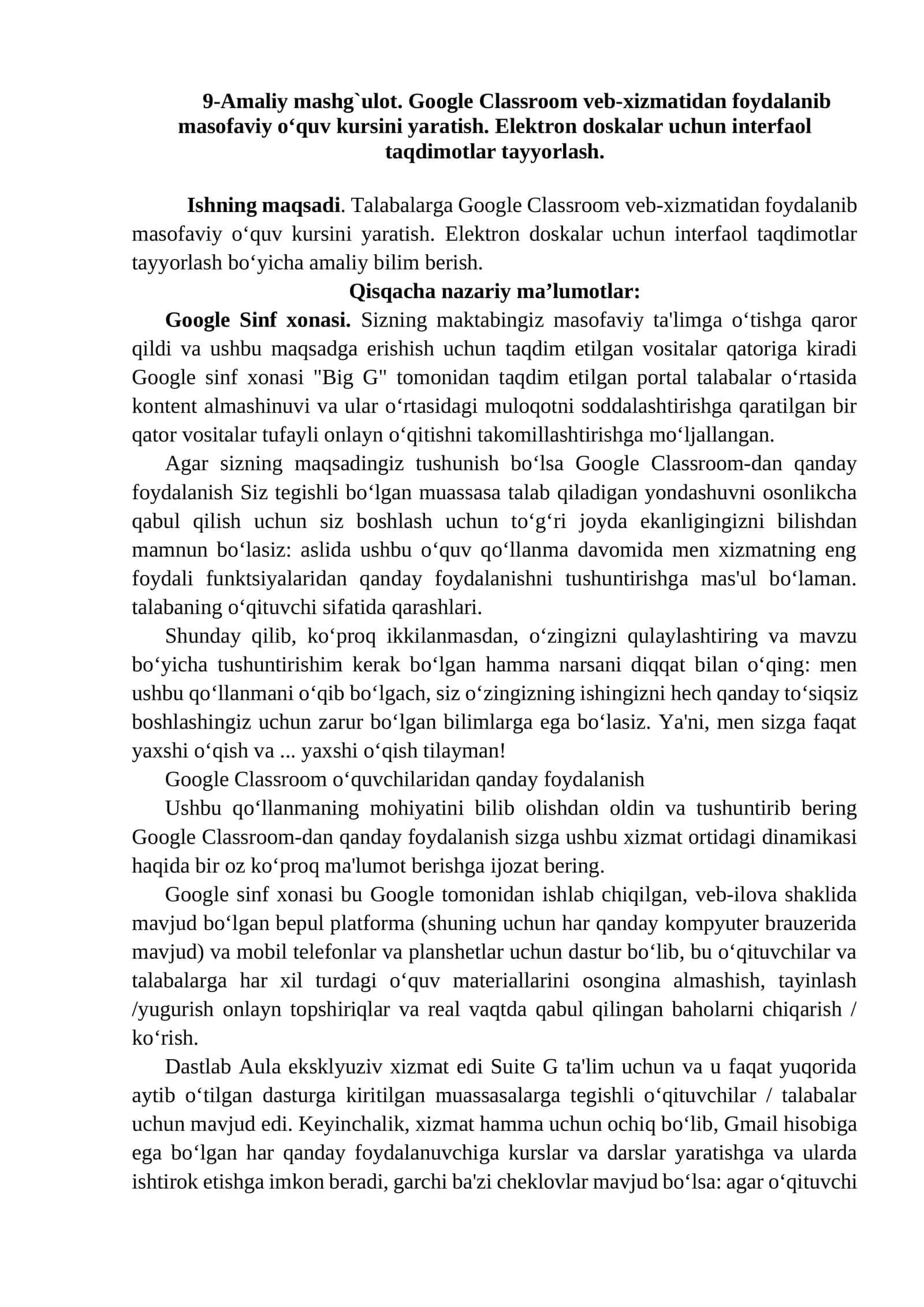 9-Amaliy mashg`ulot. Google Classroom veb-xizmatidan foydalanib masofaviy o‘quv kursini yaratish. Elektron doskalar uchun interfaol taqdimotlar tayyorlash 1