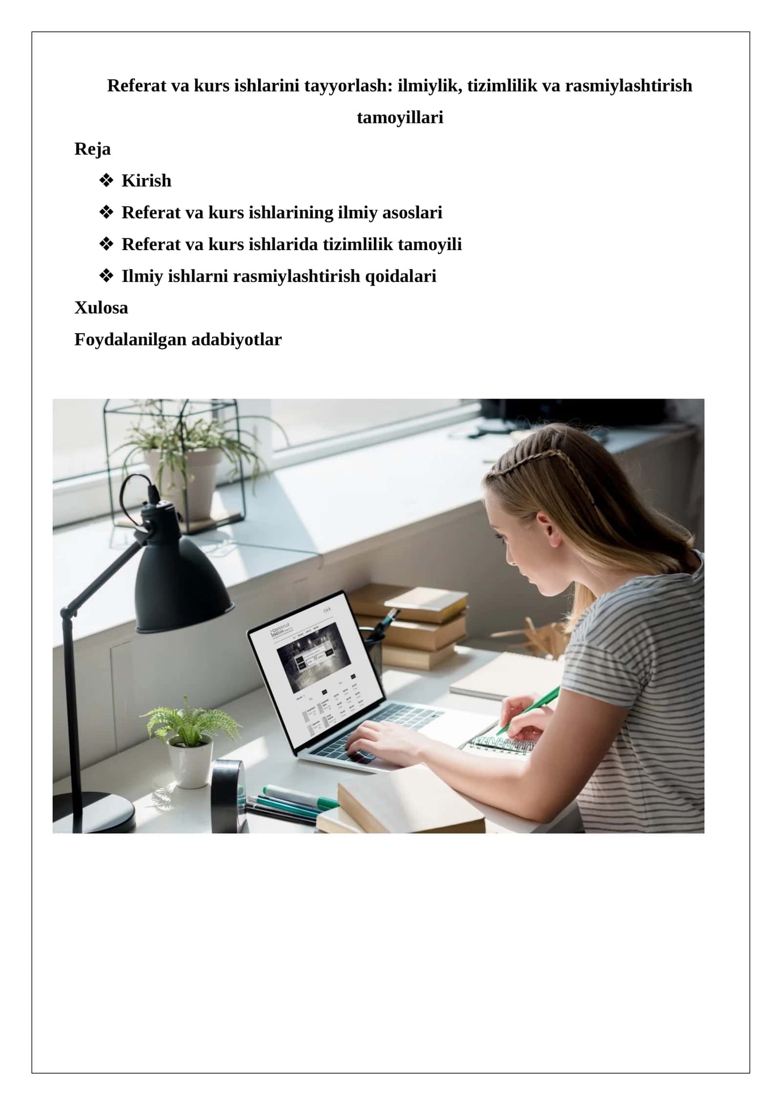 Referat va kurs ishlarini tayyorlash: ilmiylik, tizimlilik va rasmiylashtirish tamoyillari 1