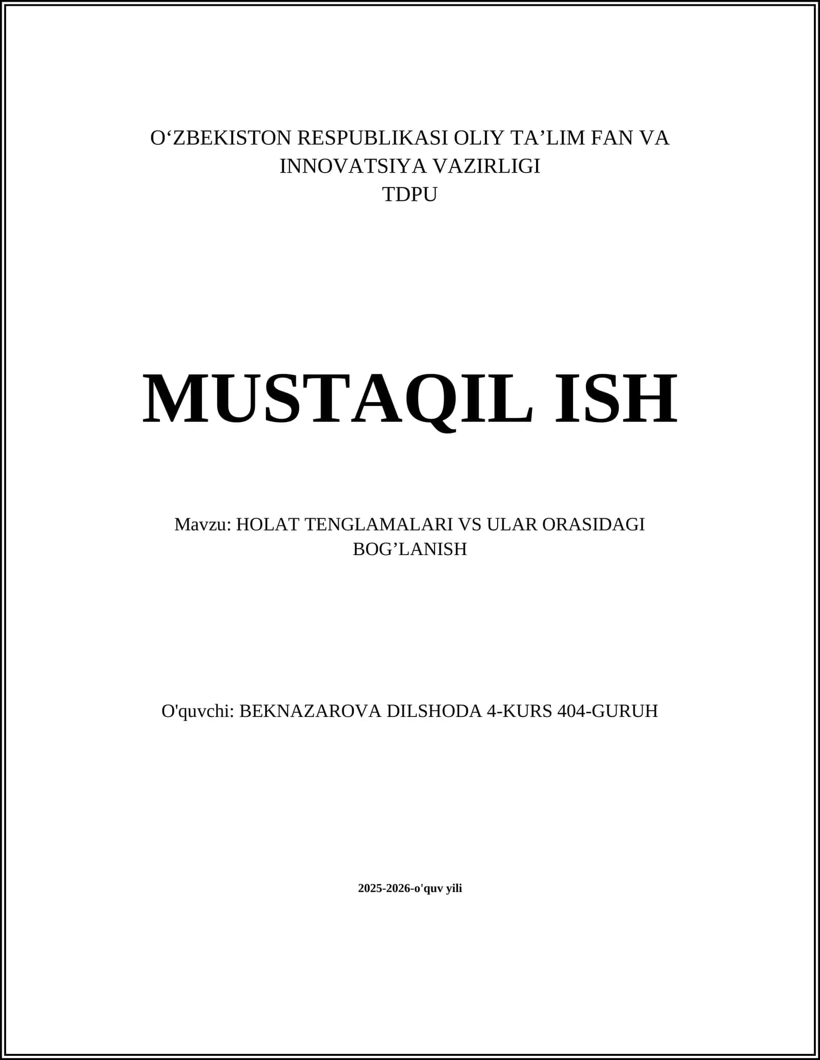 HOLAT TENGLAMALARI VS ULAR ORASIDAGI BOG’LANISH 1