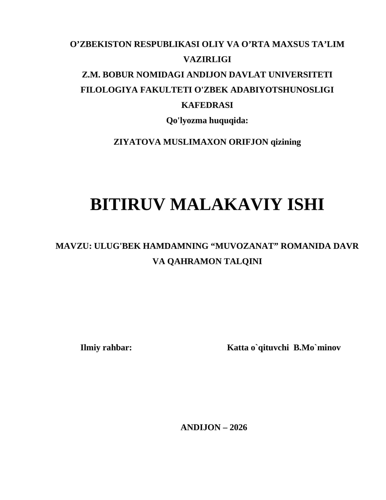 ULUG'BEK HAMDAMNING “MUVOZANAT” ROMANIDA DAVR VA QAHRAMON TALQINI 1