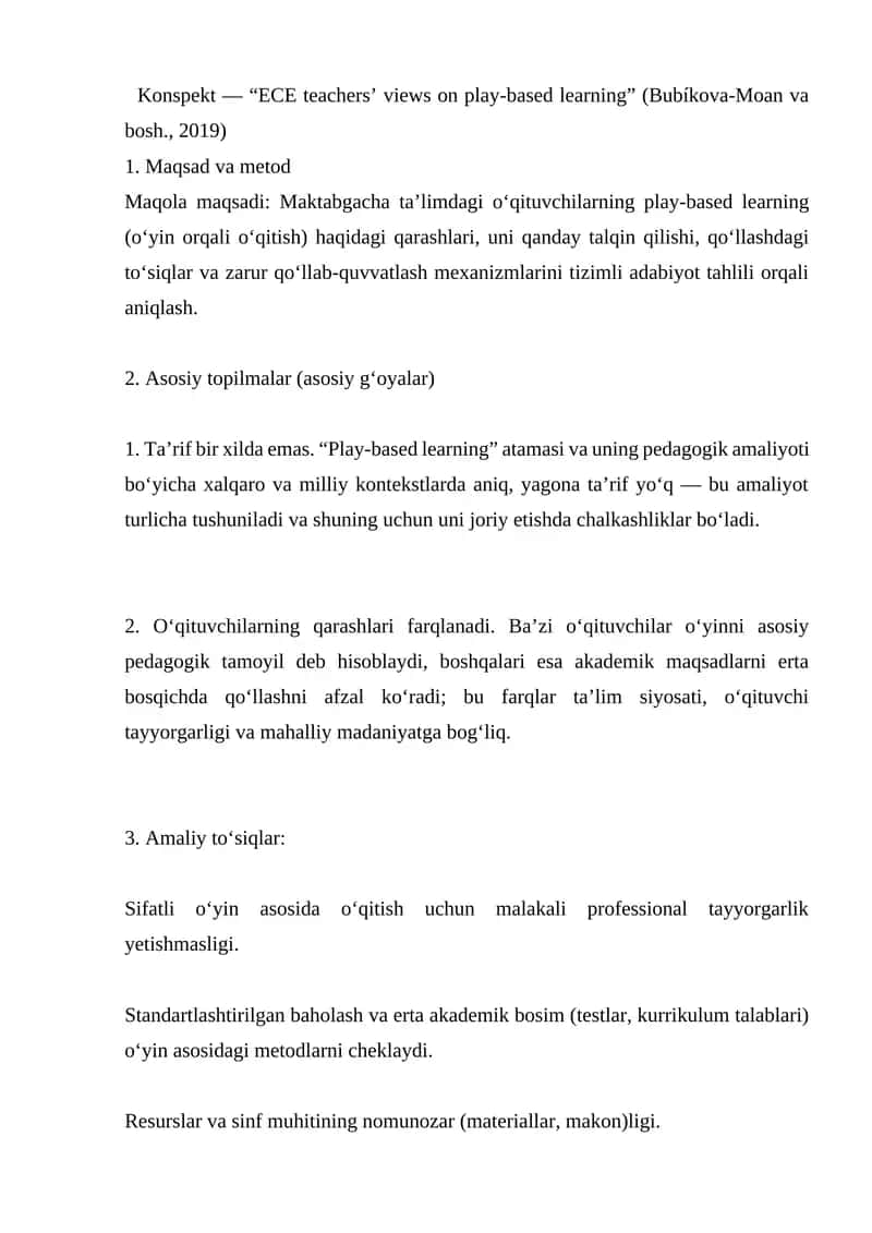 Konspekt - “ECE teachers’ views on play-based learning” (Bubíkova-Moan va bosh., 2019) 1