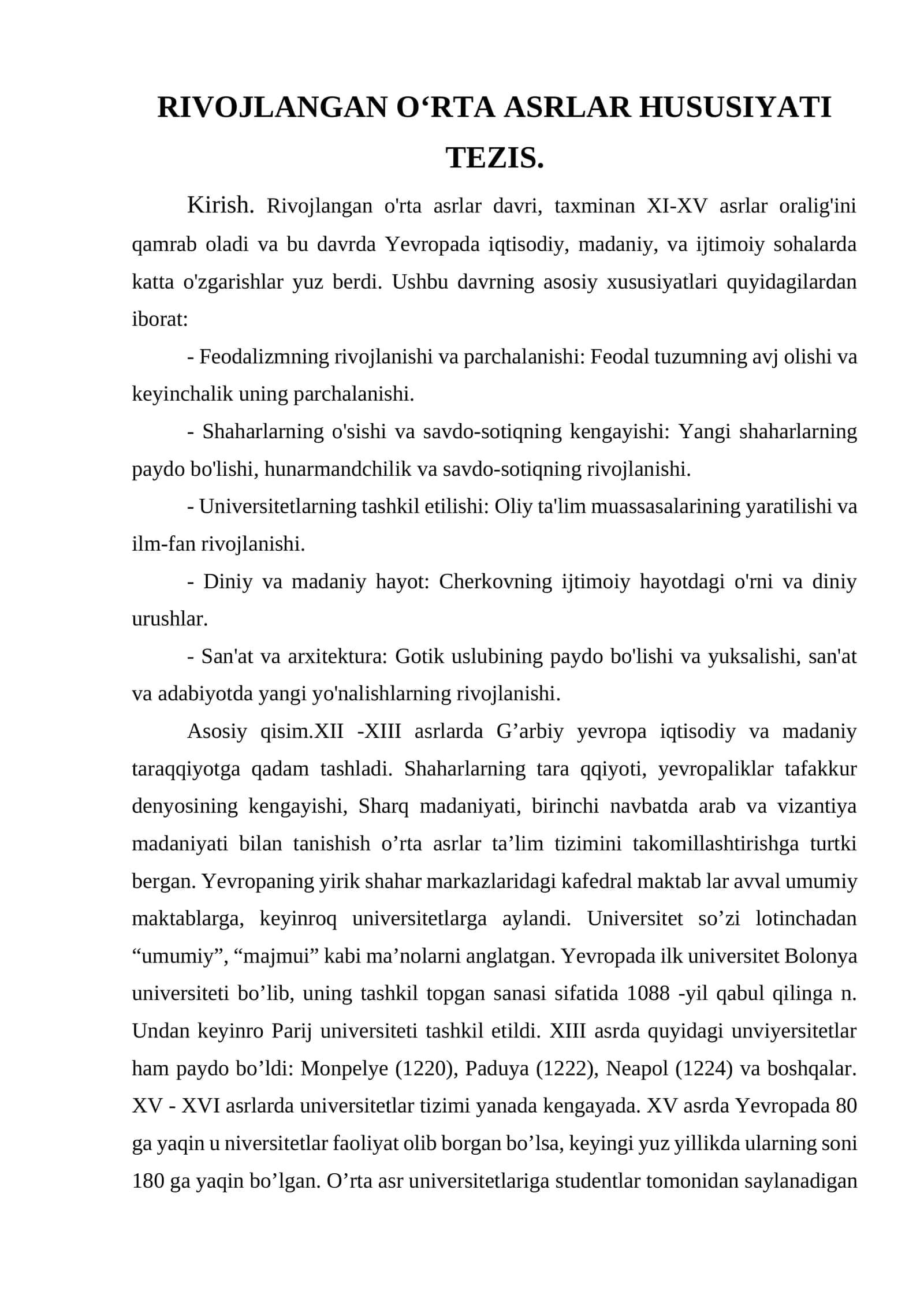 RIVOJLANGAN O‘RTA ASRLAR HUSUSIYATI TEZIS 1