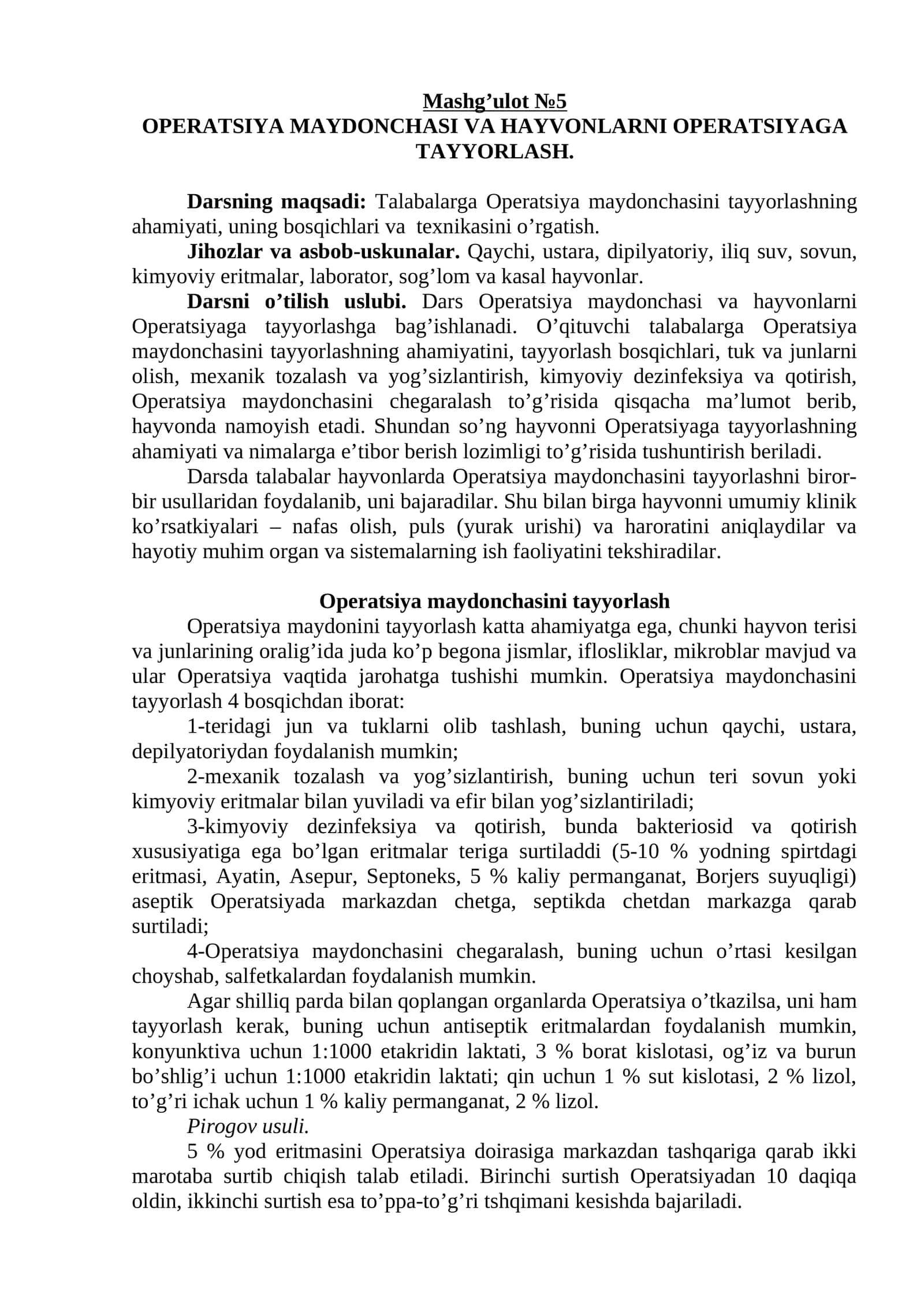 OPERATSIYA MAYDONCHASI VA HAYVONLARNI OPERATSIYAGA TAYYORLASH 1