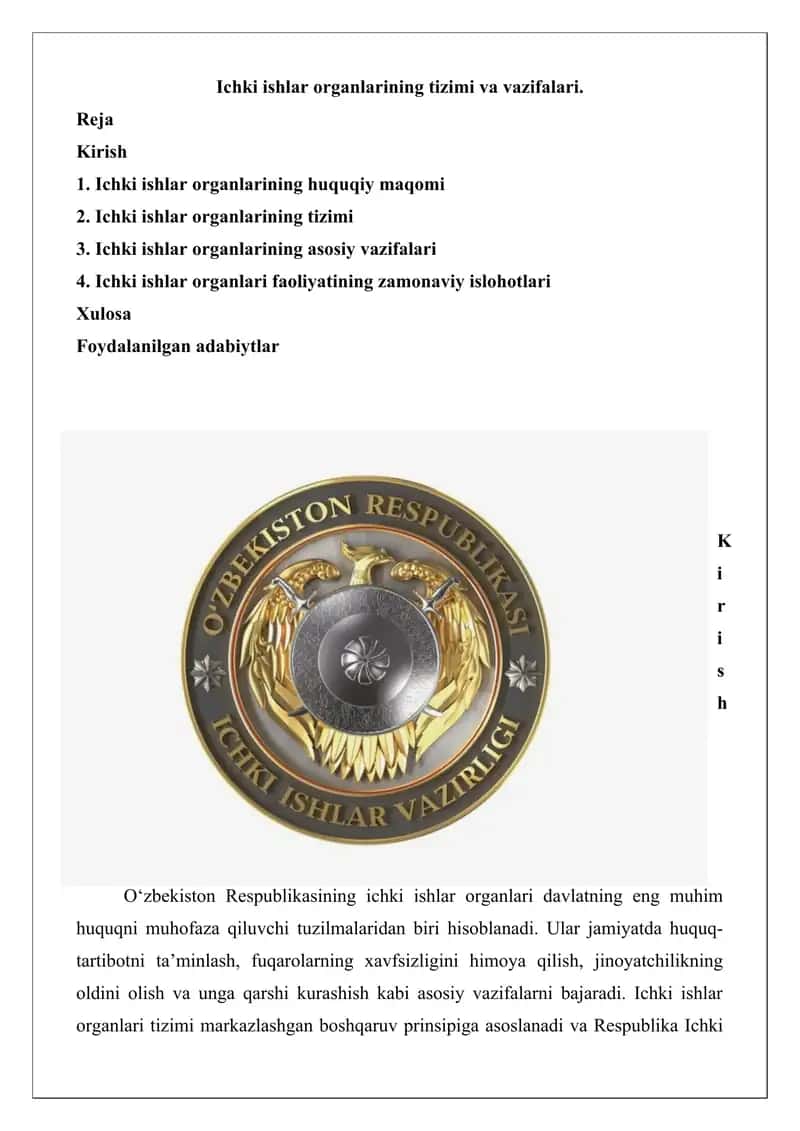 Ichki ishlar organlarining tizimi va vazifalari 1