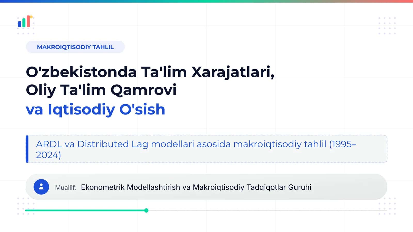 Ta'lim xarajatlari, oliy ta'lim qamrovi va iqtisodiy o'sish Dolzarbligi va yangiligi: Oliy ta'lim qamrovi 2017-yildan 3 barobar oshdi. Yangilik: qamrovning keskin oshishi o'sishga kechikish bilan ta'sirini baholash. 1
