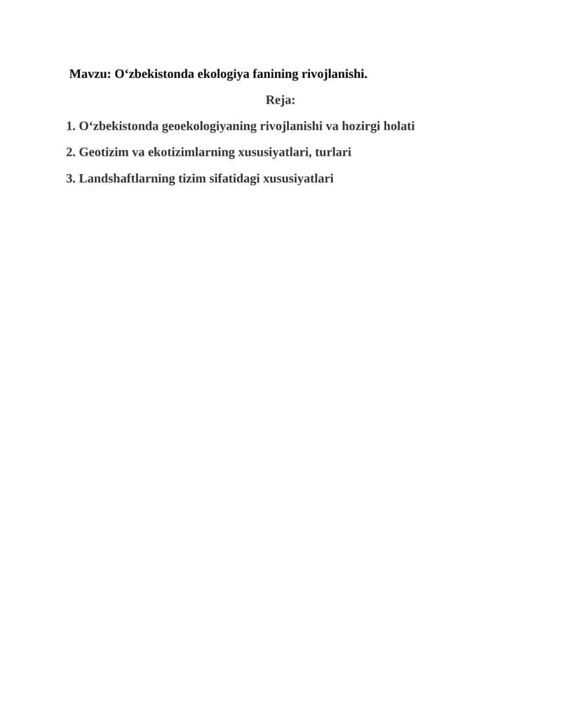Geoekologiya. O`zbekistonda geoekologiya fanining rivojlanishi. 1
