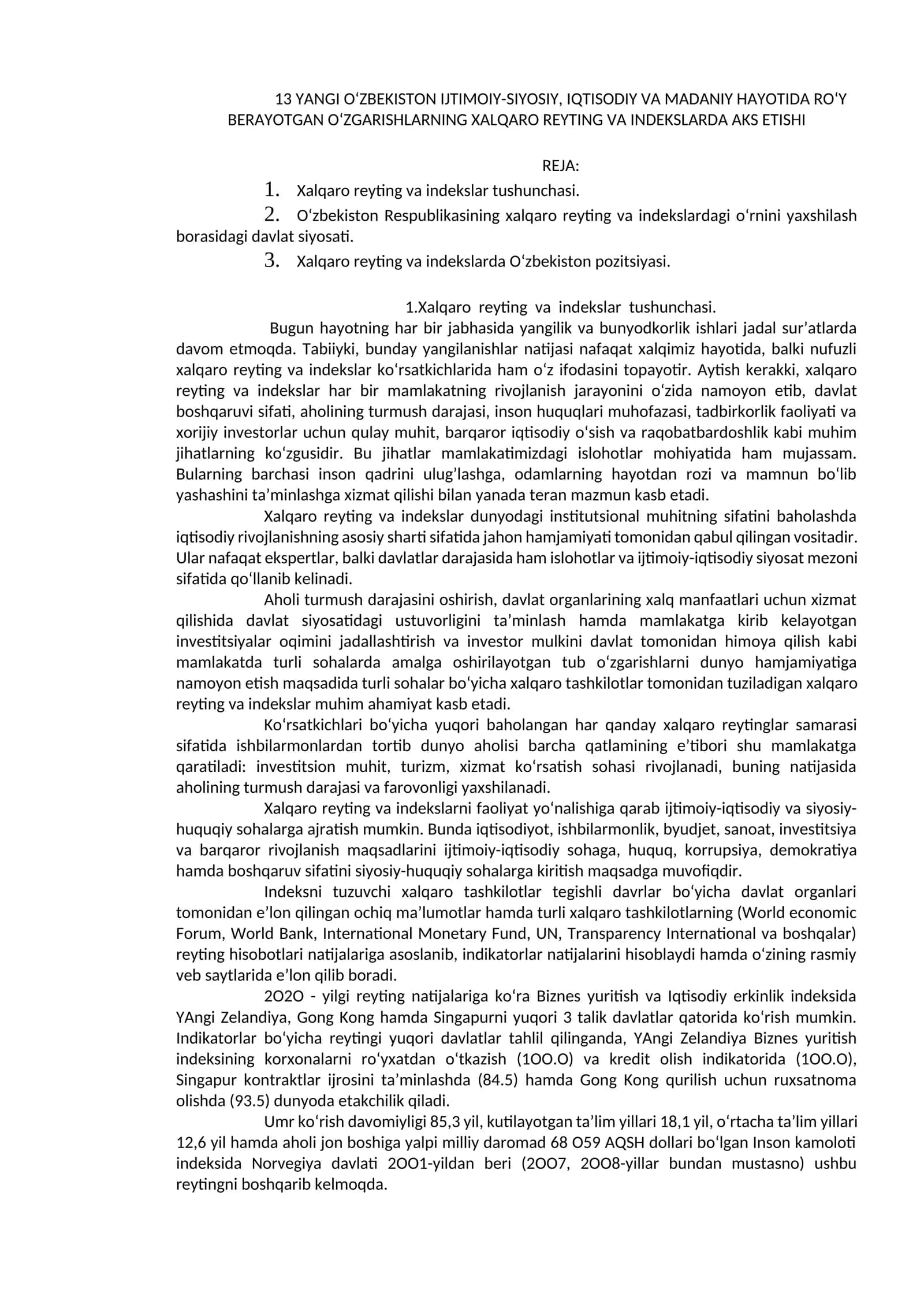 O‘ZBEKISTON IJTIMOIY-SIYOSIY, IQTISODIY VA MADANIY HAYOTIDA ROʻY BERAYOTGAN OʻZGARISHLARNING XALQARO REYTING VA INDEKSLARDA AKS ETISHI 1