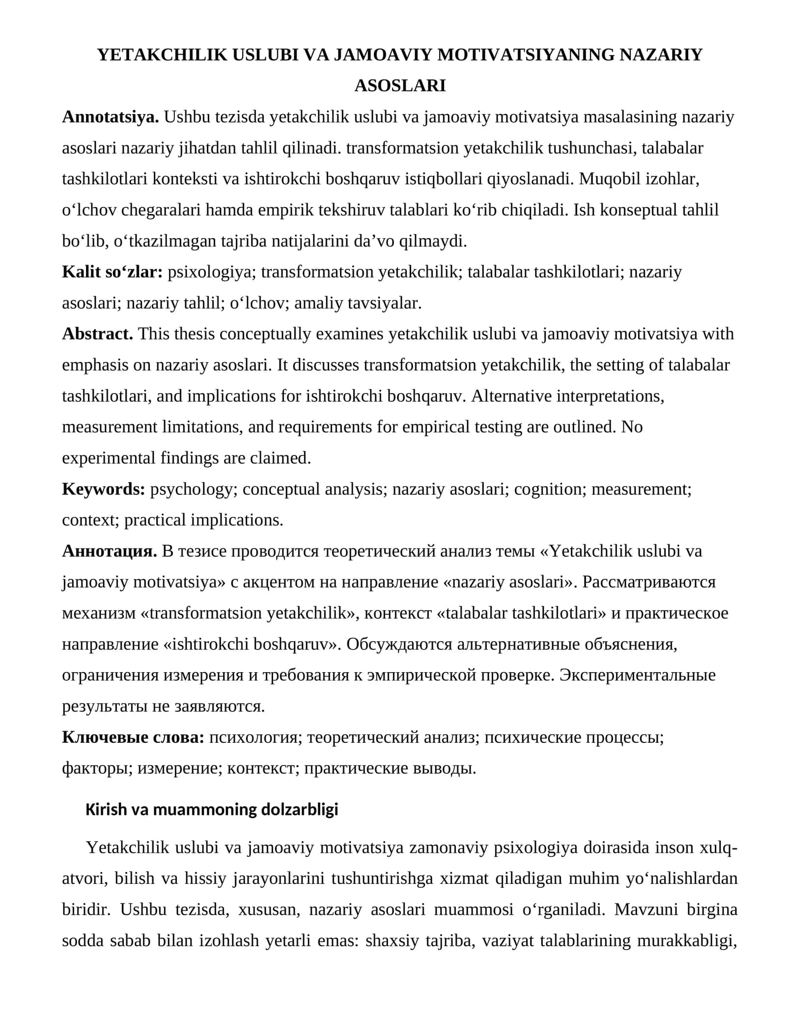 YETAKCHILIK USLUBI VA JAMOAVIY MOTIVATSIYANING NAZARIY ASOSLARI 1