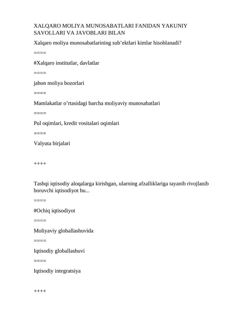 Xalqaro moliya munosabatlari fanidan yakuniy savollari va javoblari bilan 1