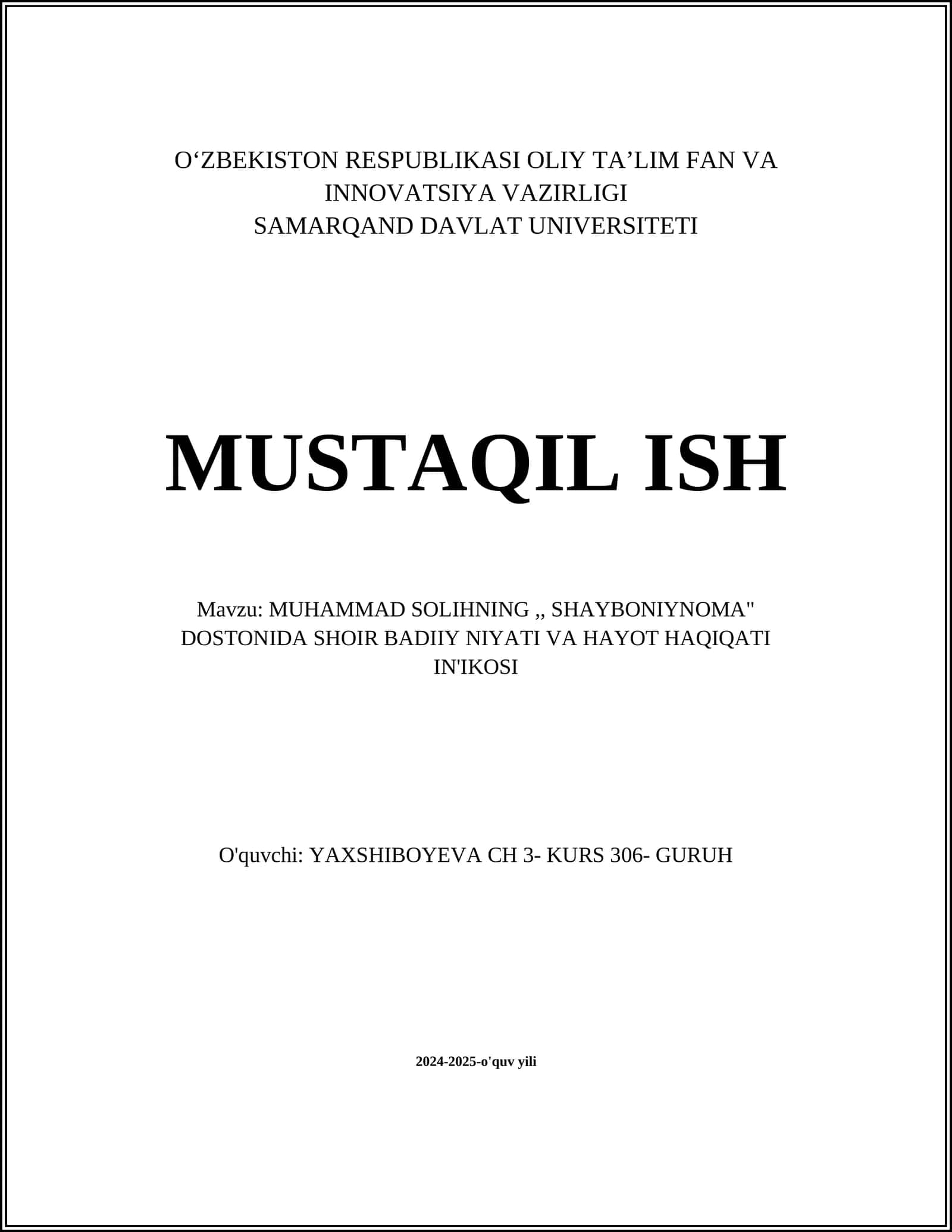 MUHAMMAD SOLIHNING,, SHAYBONIYNOMA" DOSTONIDA SHOIR BADIIY NIYATI VA HAYOT HAQIQATI IN'IKOSI 1