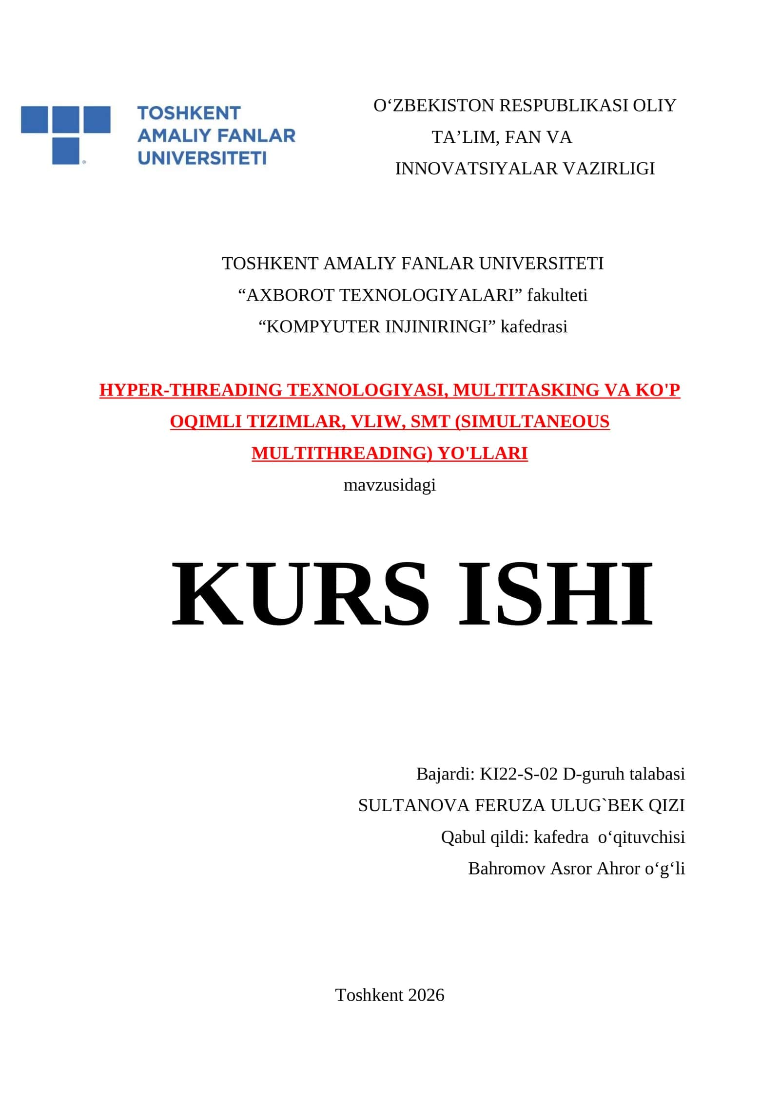 KOMPYUTER INJINIRINGI KAFEDRASI KURS ISHI 1