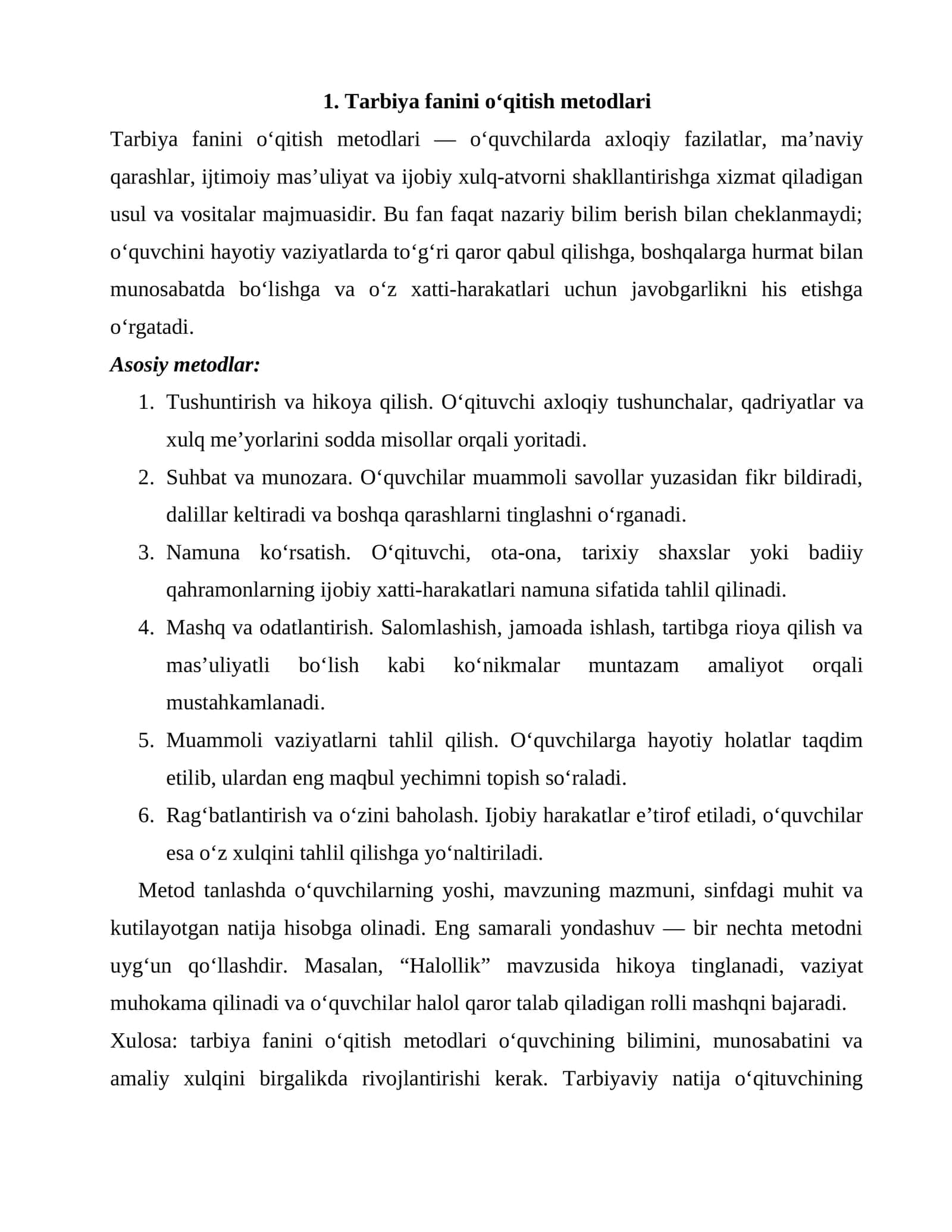 Tarbiya fanini o‘qitish metodlari 1
