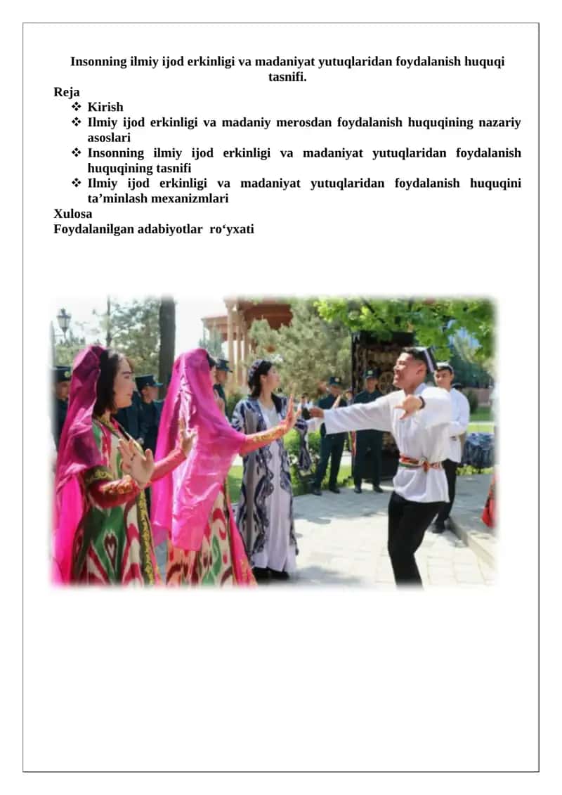 Insonning ilmiy ijod erkinligi va madaniyat yutuqlaridan foydalanish huquqi tasnifi 1