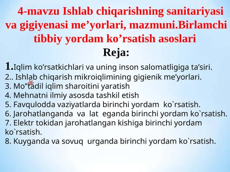 Ishlab chiqarishning sanitariyasi va gigiyenasi me’yorlari 1