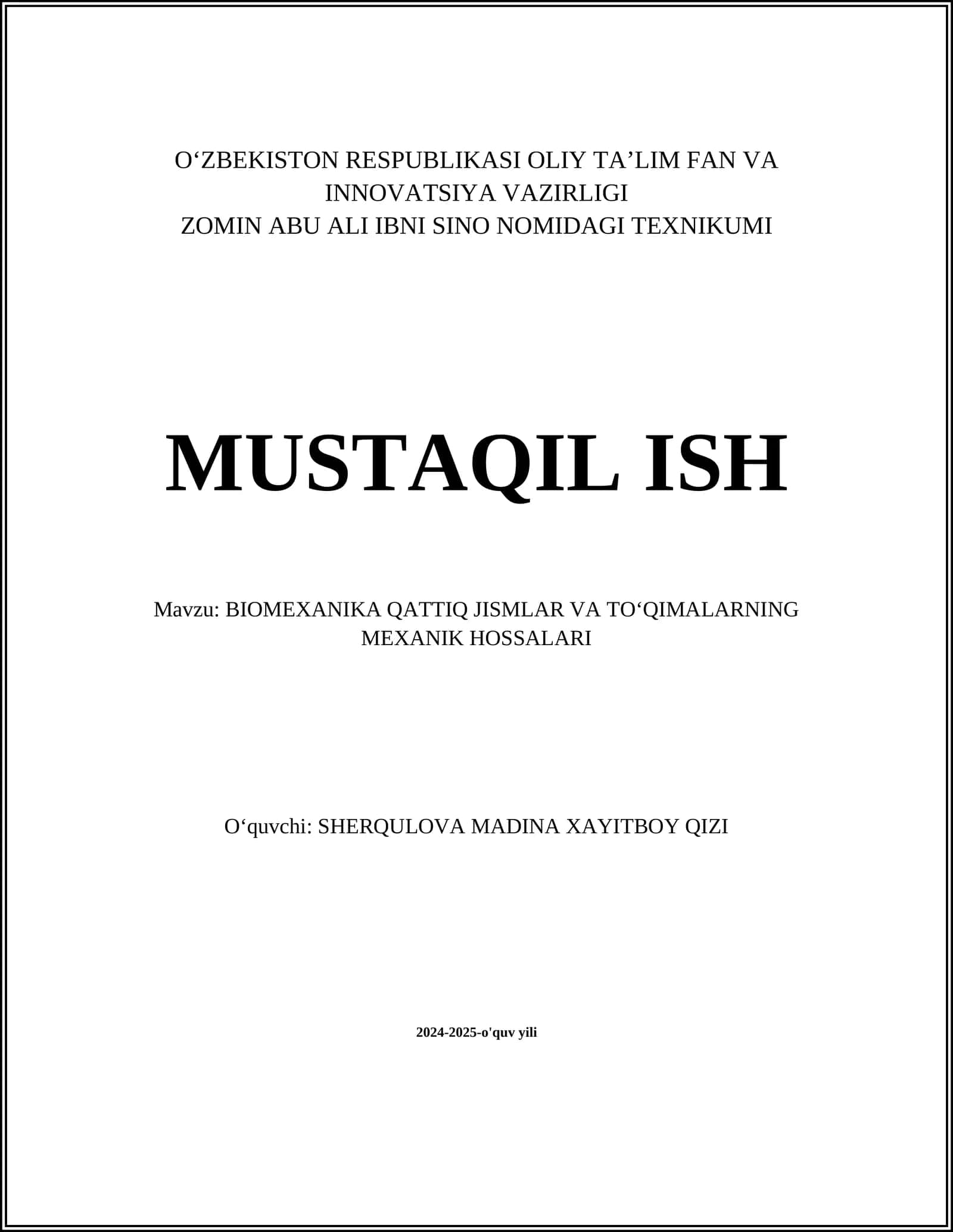 BIOMEXANIKA QATTIQ JISMLAR VA TOʻQIMALARNING MEXANIK HOSSALARI 1