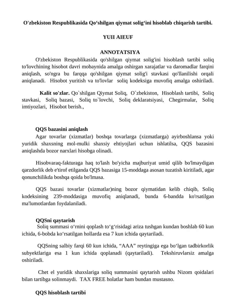 O'zbekiston Respublikasida Qoʻshilgan qiymat soligʻini hisoblab chiqarish tartibi 1