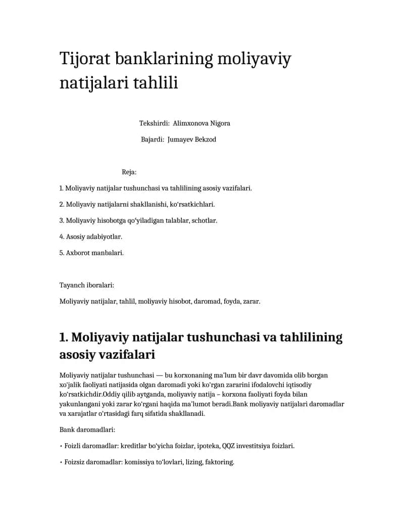 Tijorat banklarining moliyaviy natijalari tahlili 1