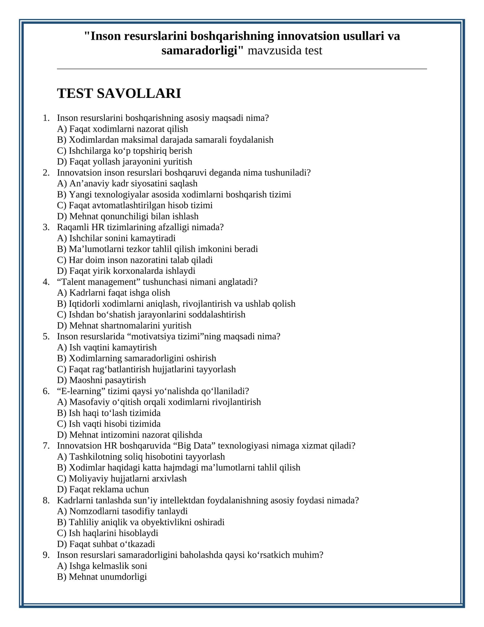 TEST Inson resurslarini boshqarishning innovatsion usullari va samaradorligi 1