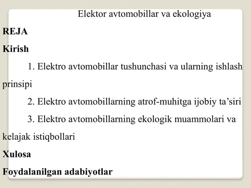 Elektoravtomobillar va ekologiya 1