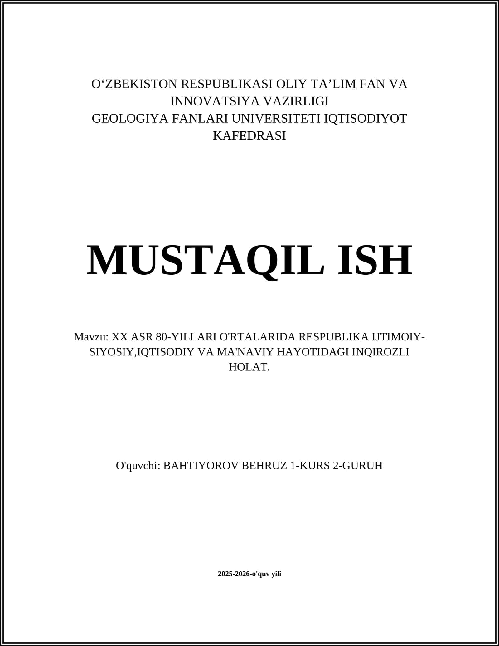 XX ASR 80-YILLARI O'RTALARIDA RESPUBLIKA IJTIMOIY-SIYOSIY,IQTISODIY VA MA'NAVIY HAYOTIDAGI INQIROZLI HOLAT 1
