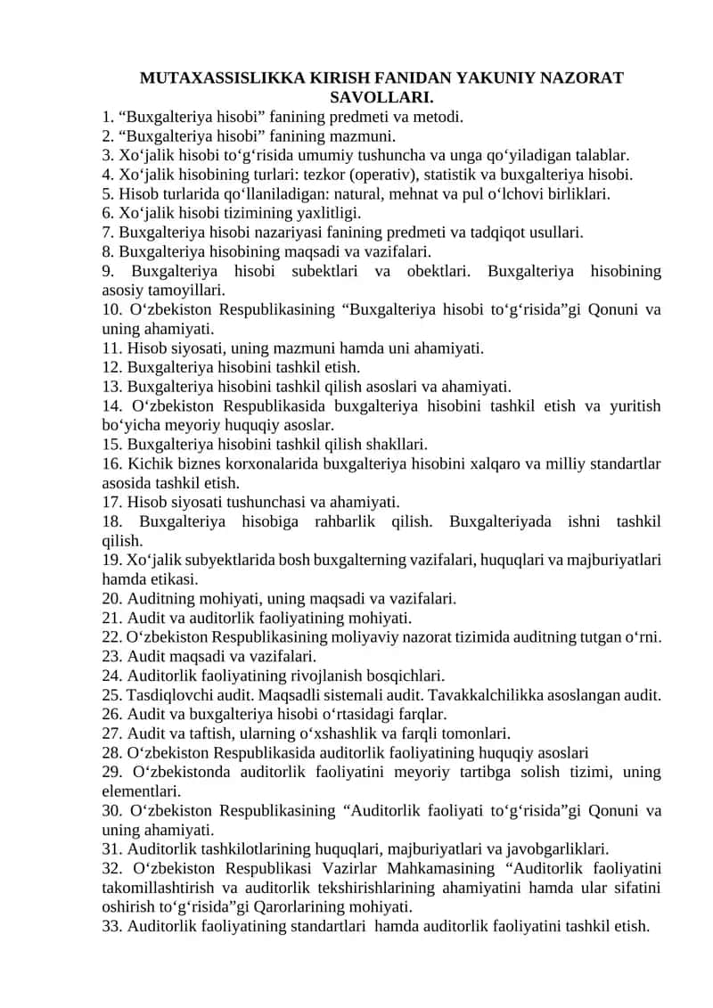 MUTAXASSISLIKKA KIRISH FANIDAN YAKUNIY NAZORAT SAVOLLARI 1
