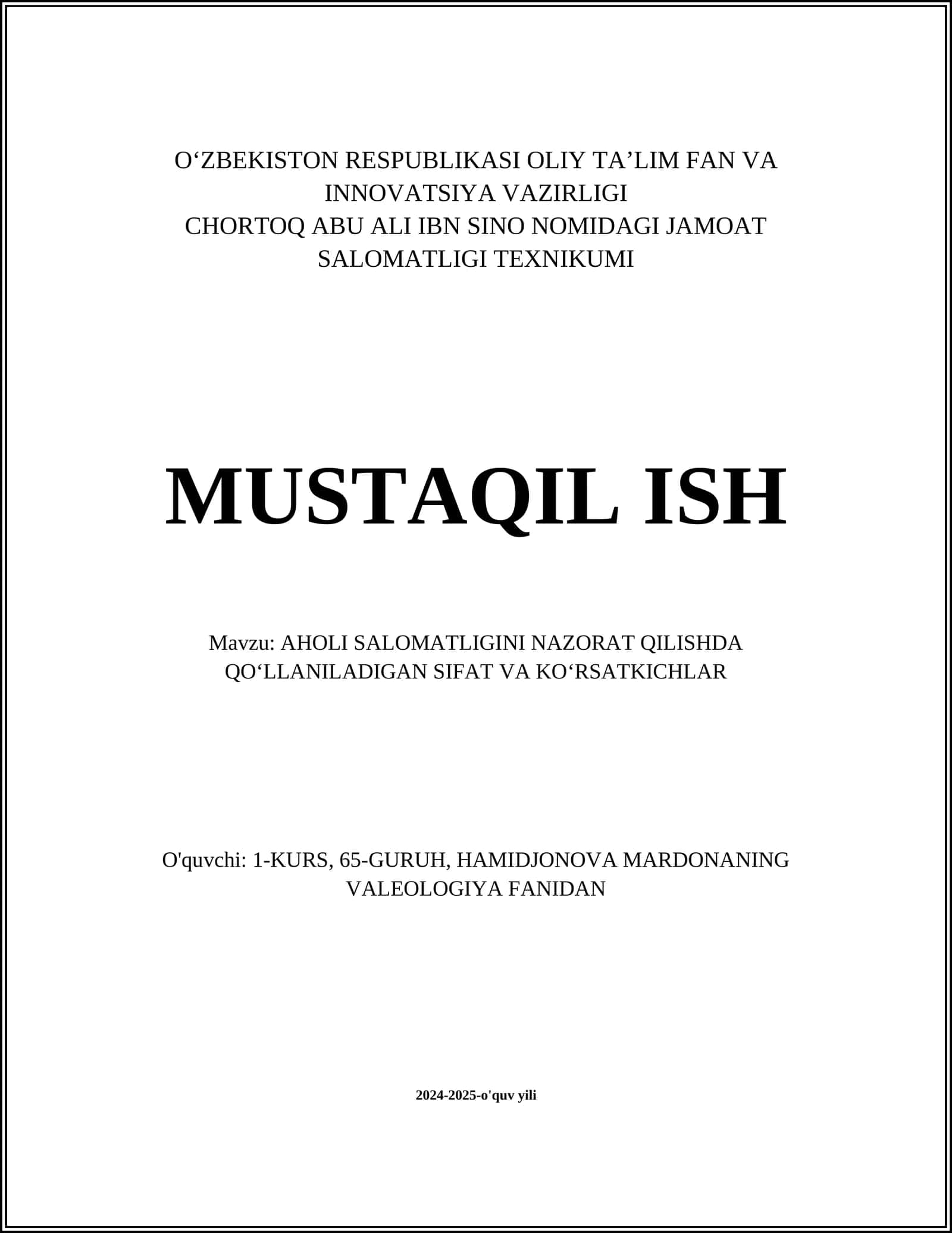 AHOLI SALOMATLIGINI NAZORAT QILISHDA QOʻLLANILADIGAN SIFAT VA KOʻRSATKICHLAR 1