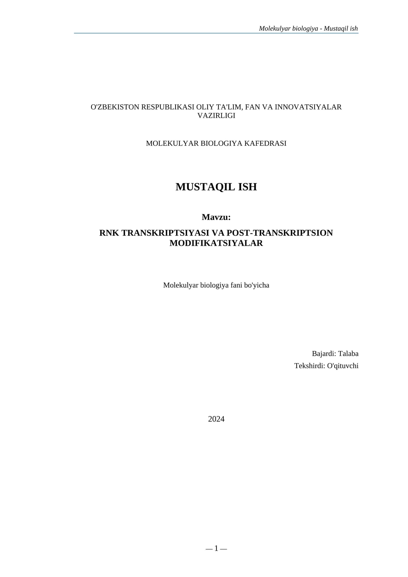 Molekulyar biologiya - Mustaqil ish 1