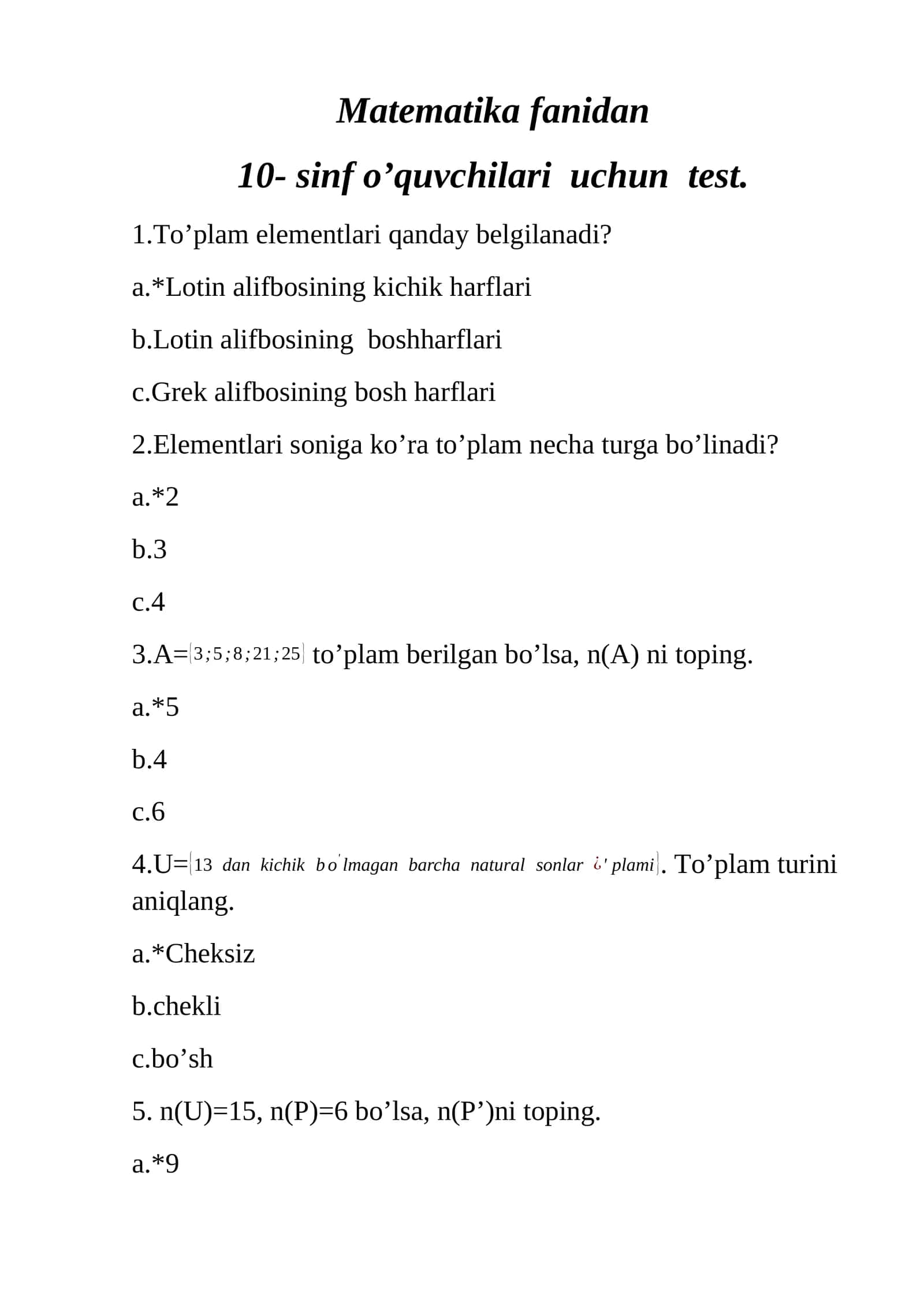 Matematika fanidan 10- sinf o’quvchilari uchun test 1