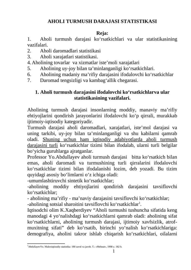 AHOLI TURMUSH DARAJASI STATISTIKASI 1