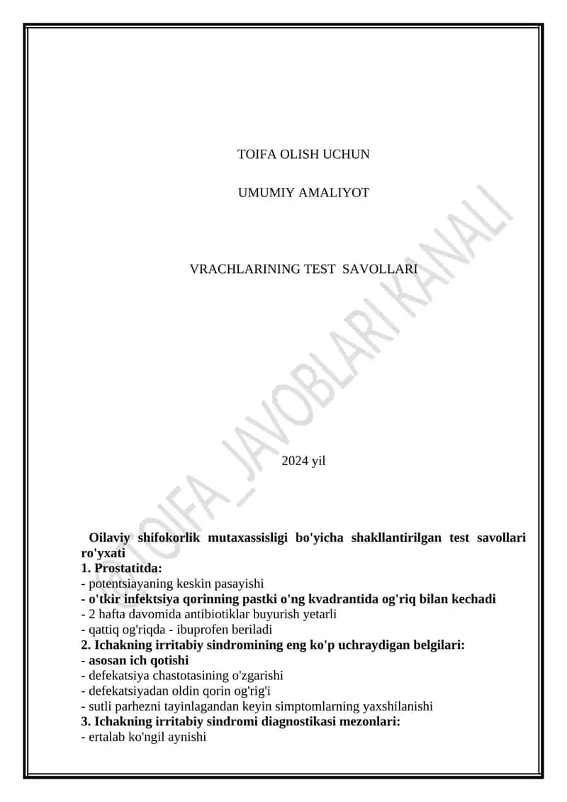 Oilaviy shifokorlik mutaxassisligi bo'yicha test savollari 1