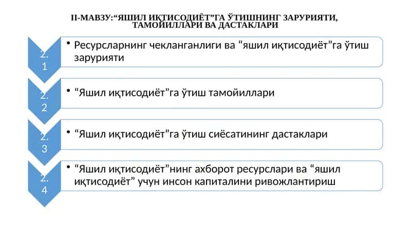 II-МАВЗУ:“ЯШИЛ ИҚТИСОДИЁТ”ГА ЎТИШНИНГ ЗАРУРИЯТИ,ТАМОЙИЛЛАРИ ВА ДАСТАКЛАРИ 1