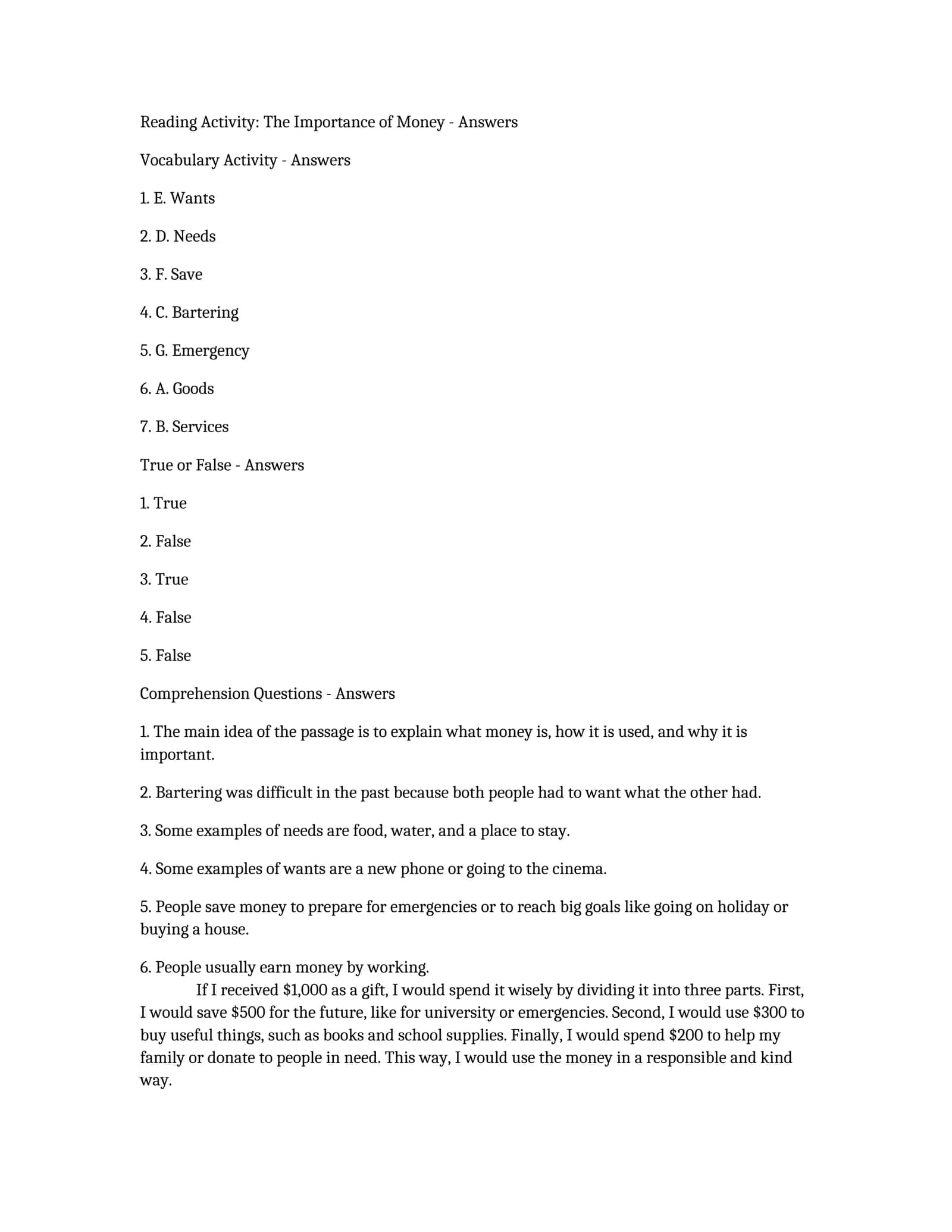 Reading Activity: The Importance of Money - Answers 1