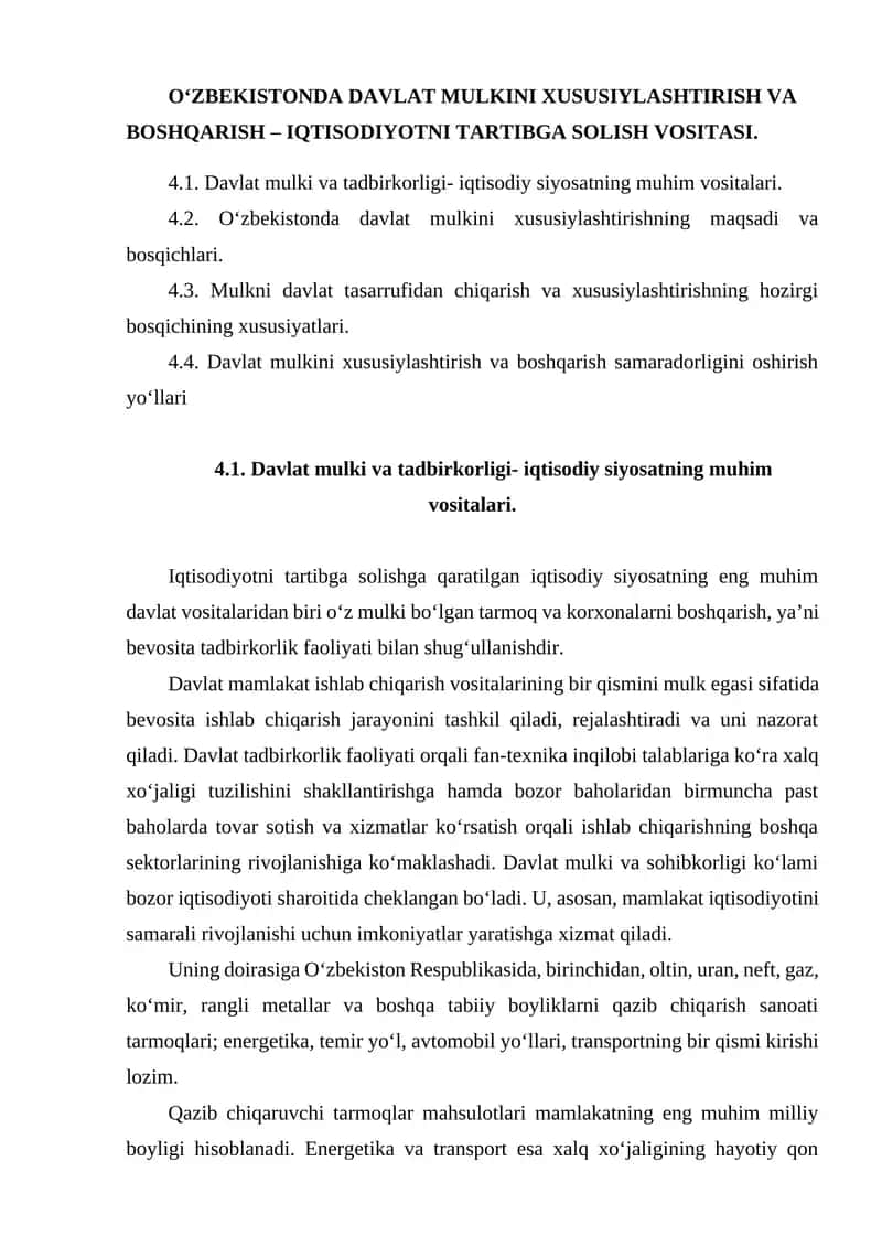 O‘ZBEKISTONDA DAVLAT MULKINI XUSUSIYLASHTIRISH VA BOSHQARISH – IQTISODIYOTNI TARTIBGA SOLISH VOSITASI 1
