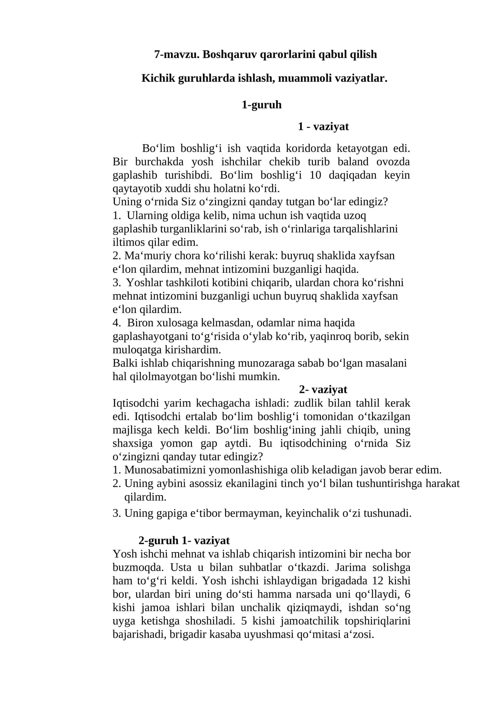 7-mavzu. Boshqaruv qarorlarini qabul qilish 1