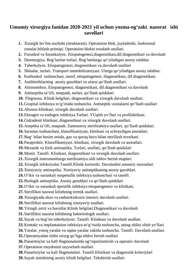 Umumiy xirurgiya fanidan 2020-2021 yil uchun yozma-og‘zaki nazorat ishi savollari 1