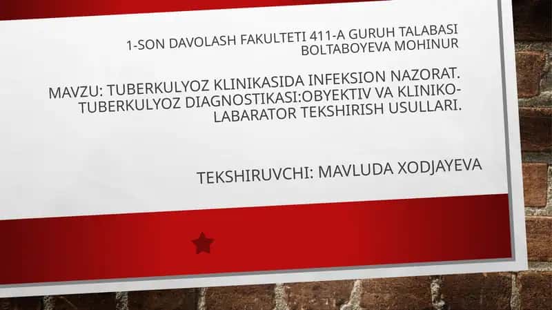Tuberkulyoz klinikasida infeksion nazorati 1