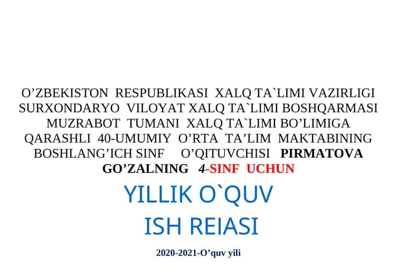 4-SINF UCHUN YILLIK O`QUV ISH REJASI 1