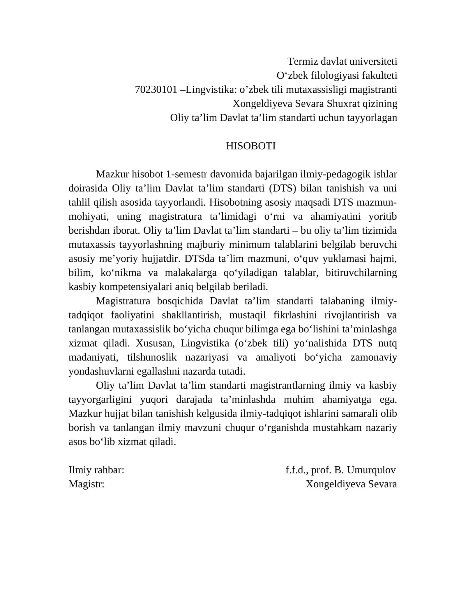 O'zbek tili mutaxassisligi magistrantining hisoboti 1