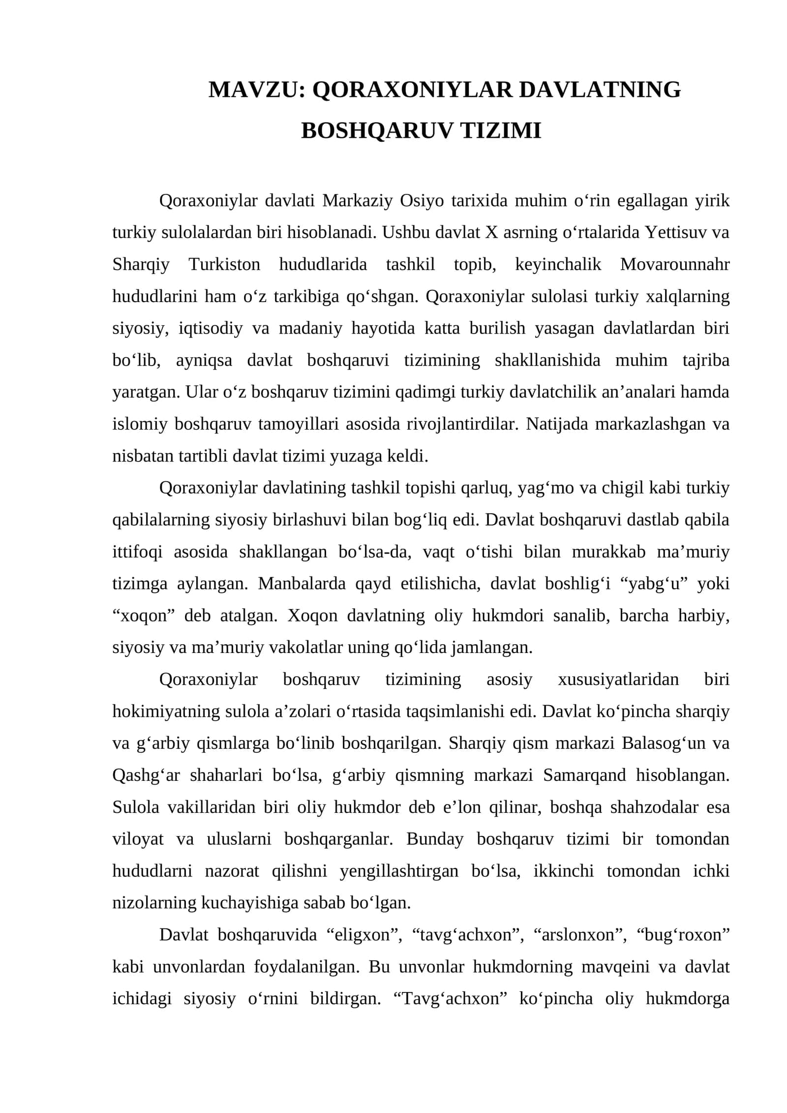 QORAXONIYLAR DAVLATNING BOSHQARUV TIZIMI mavzusi yuzasidan esse 1
