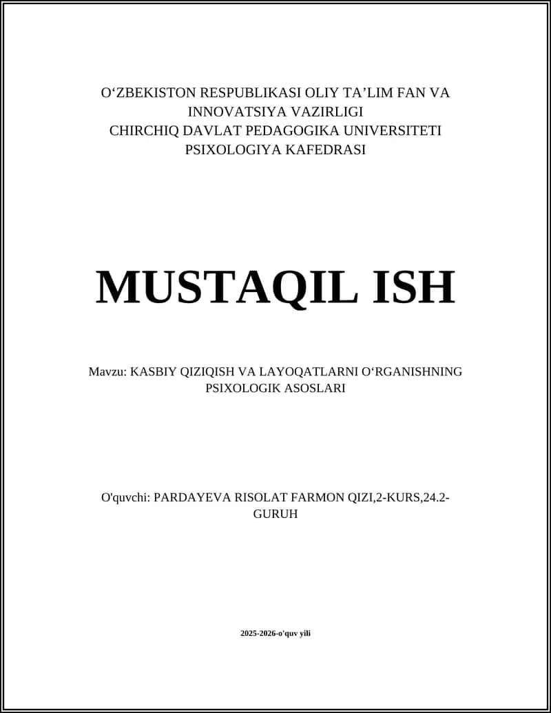Kasbiy Qiziqish va Layoqatlarni Oʻrganishning Psixologik Asoslari 1