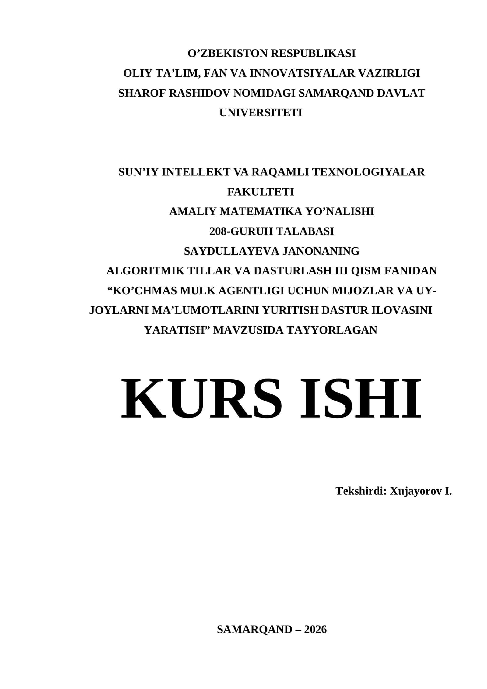 Visual Studio muhitida dasturlash | Kurs ishi - KO’CHMAS MULK AGENTLIGI UCHUN MIJOZLAR VA UY-JOYLARNI MA’LUMOTLARINI YURITISH DASTUR ILOVASINI YARATISH 1