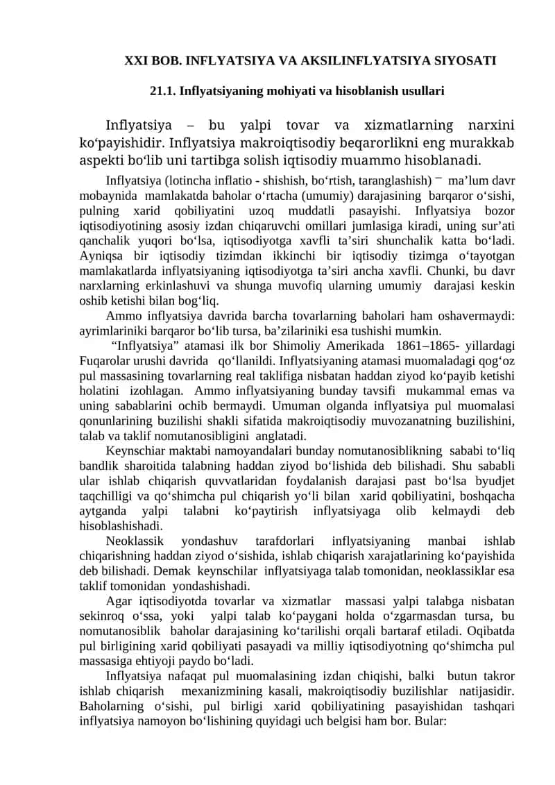 XXI BOB. INFLYATSIYA VA AKSILINFLYATSIYA SIYOSATI 1