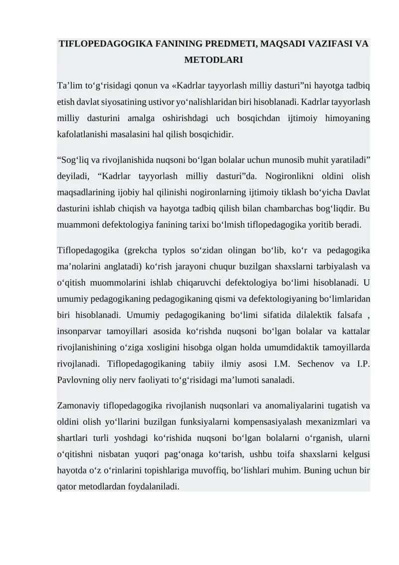 Tiflopedagogika Fanining Predmeti, Maqsadi va Vazifasi va Metodlari 1